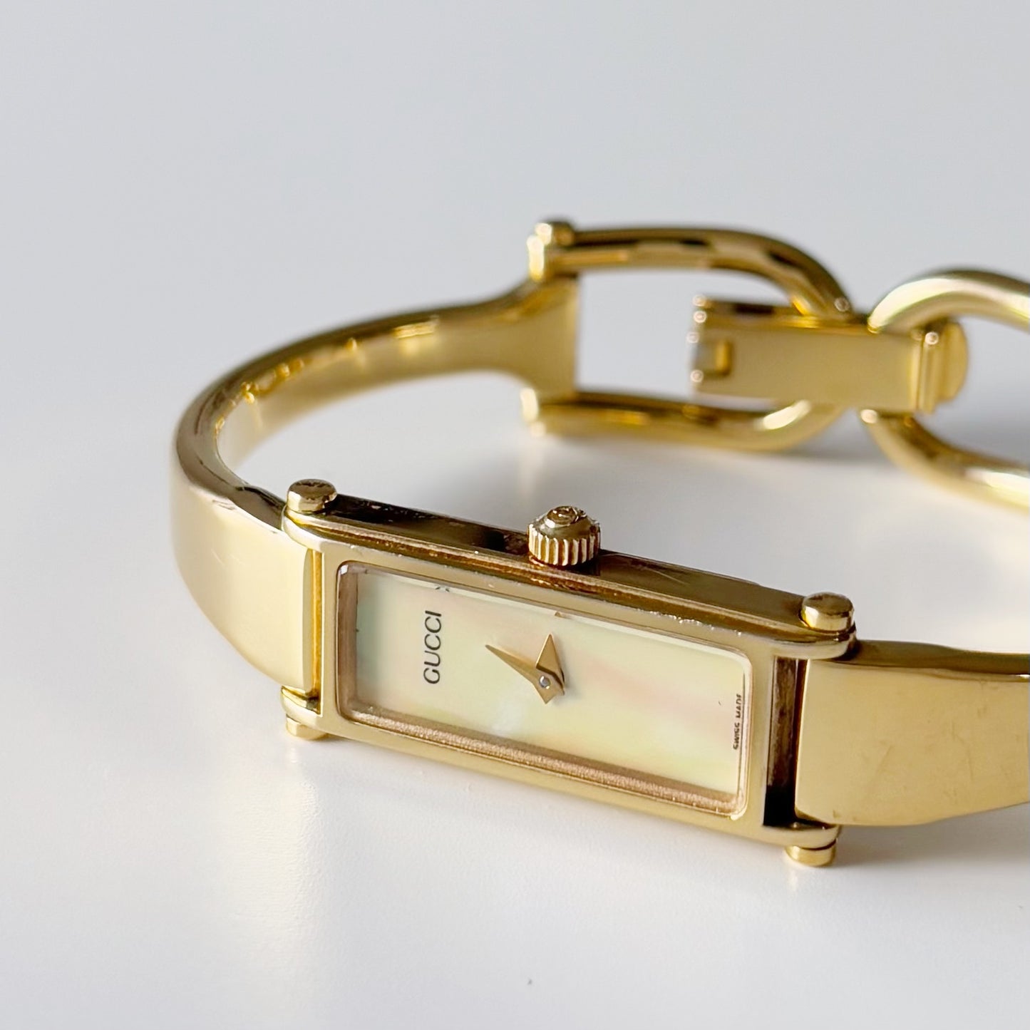 Gucci 1990s Seashell Dial Rectangular Gold Plated  Bangle Watch