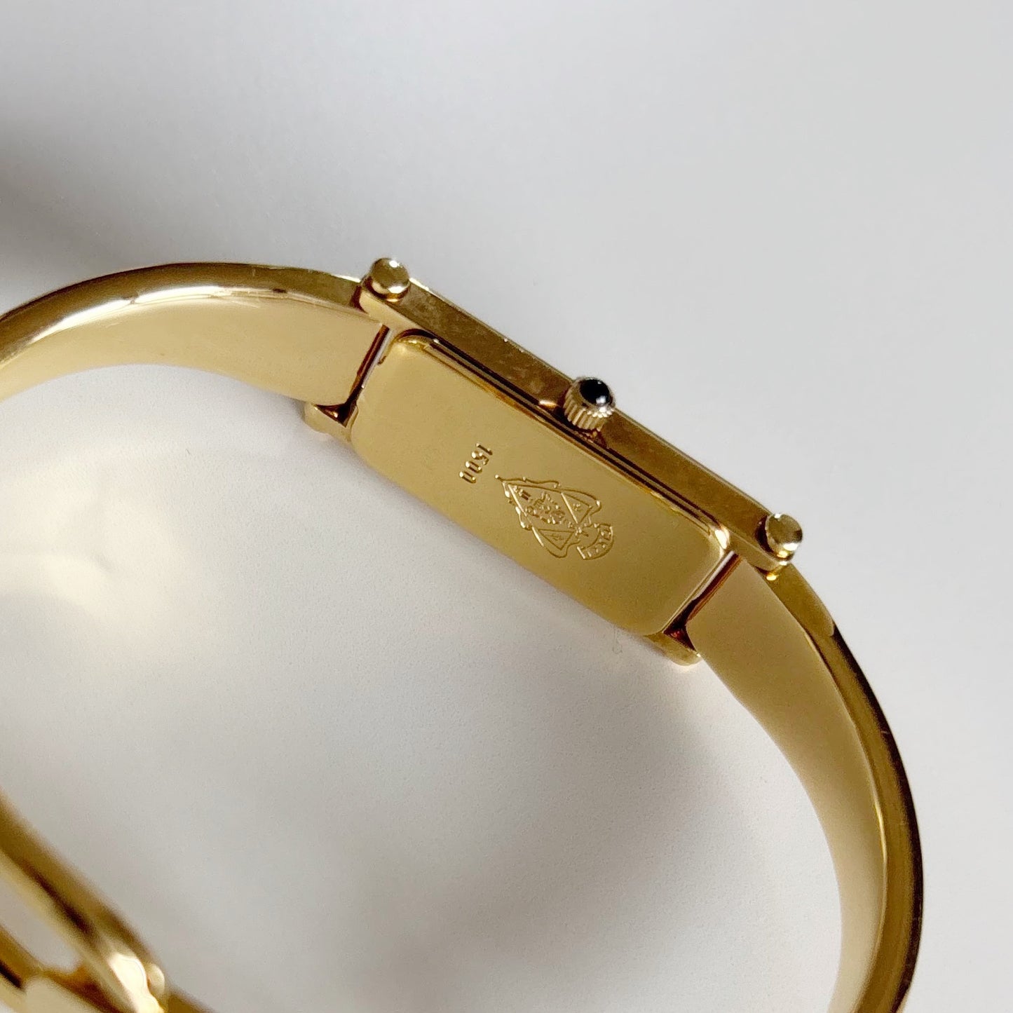Gucci 1990s Rectangular Seashell Dial Gold Plated Bangle Watch