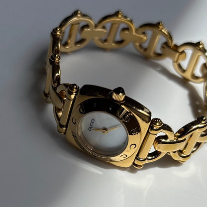 Gucci 1990s Seashell Dial Horsebit Gold Plated Watch