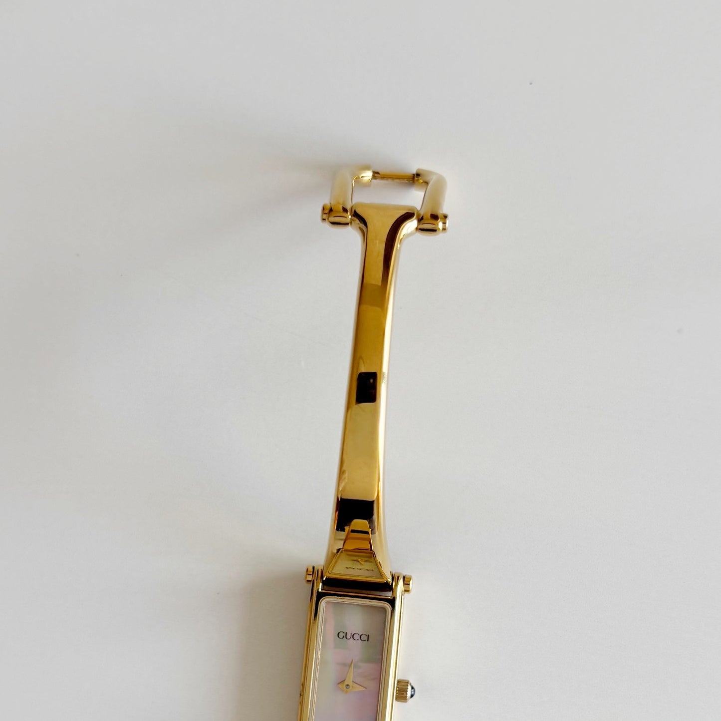 Gucci 1990s Seashell Dial Rectangular Gold Plated Bangle Watch