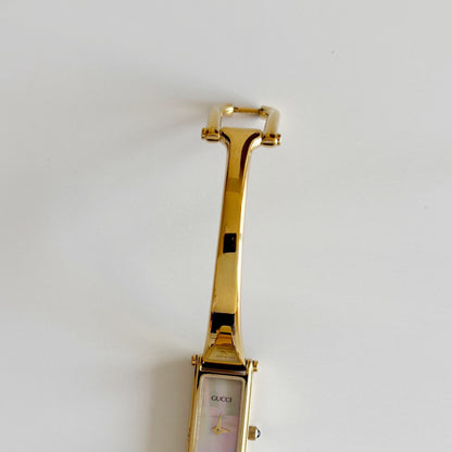 Gucci 1990s Seashell Dial Rectangular Gold Plated Bangle Watch