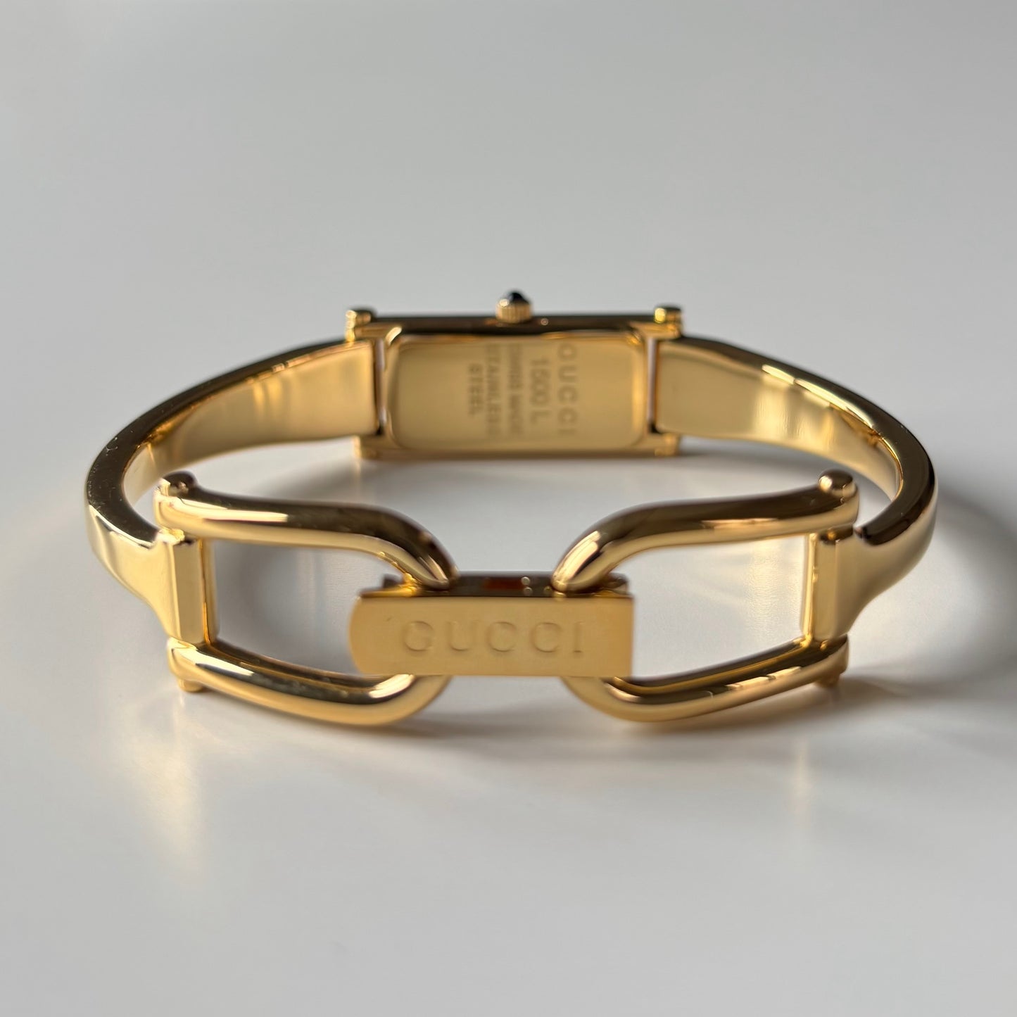 Gucci 1990s Seashell Rectangular Dial Gold Plated Bangle Watch