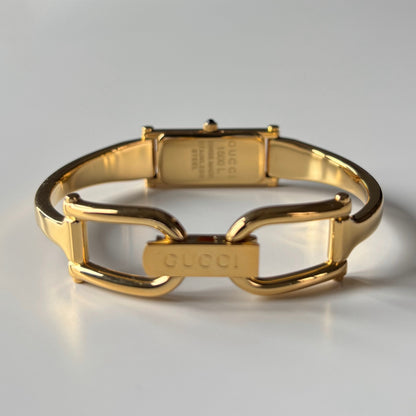 Gucci 1990s Seashell Rectangular Dial Gold Plated Bangle Watch