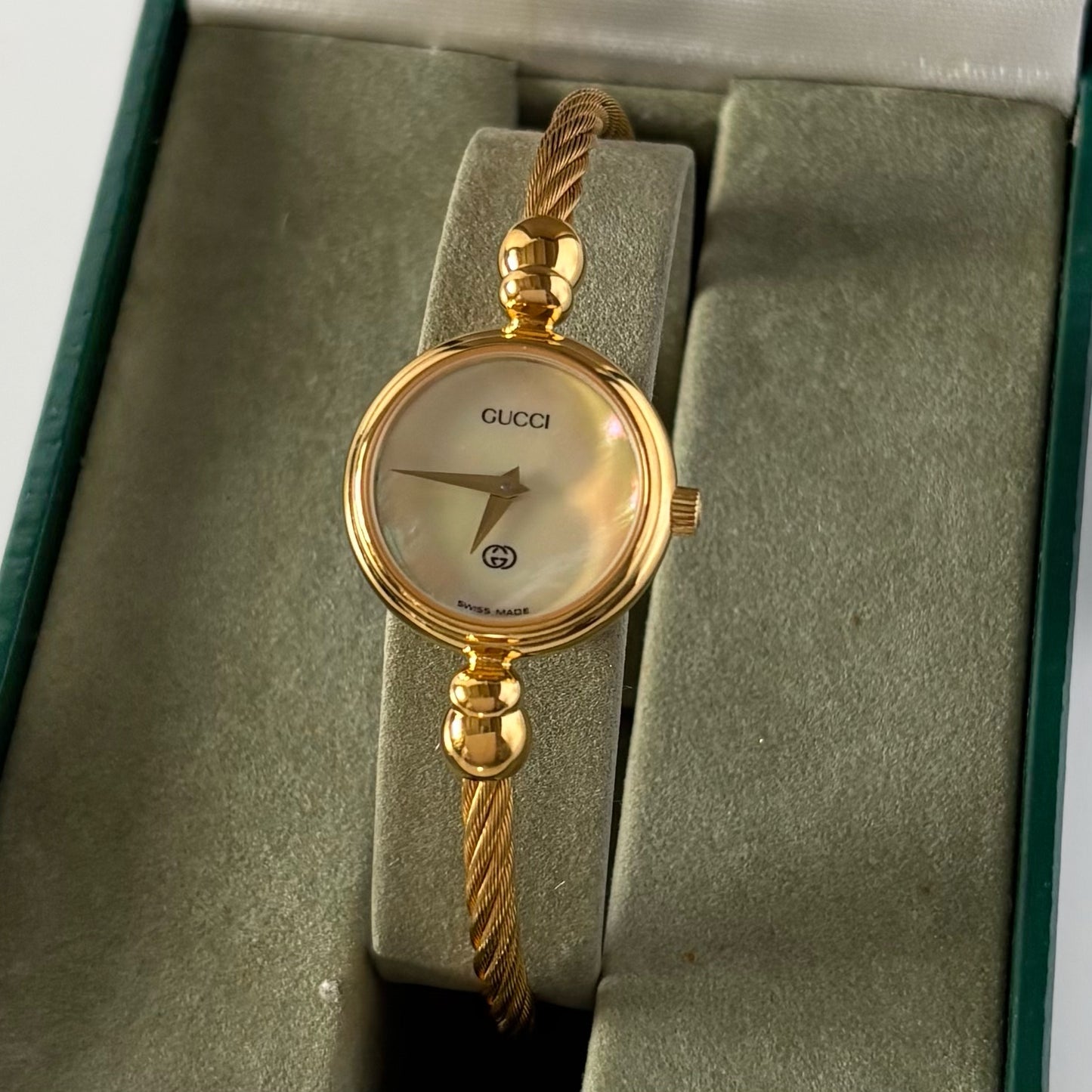 Gucci 1990s Seashell Dial Gold Plated Cable Band Bangle Watch