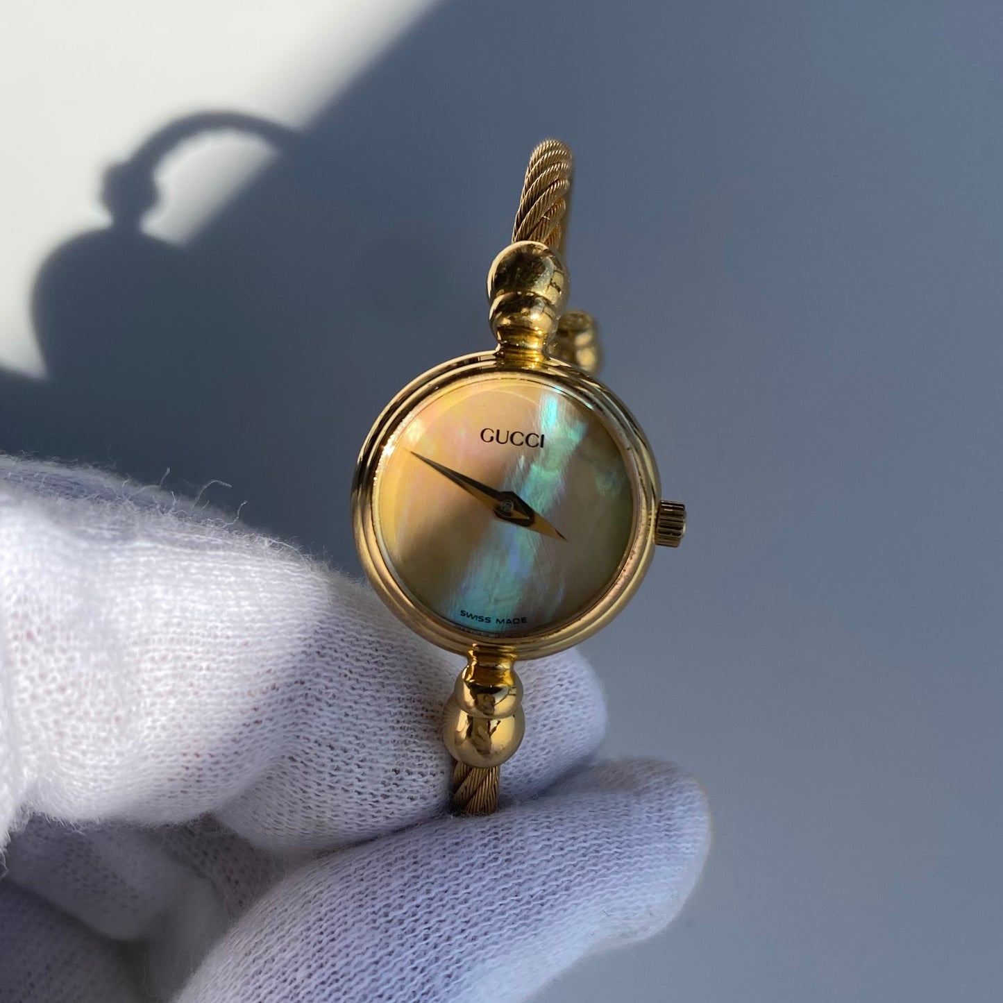 Gucci 1990s Seashell Dial Gold Plated Cable Bangle Watch