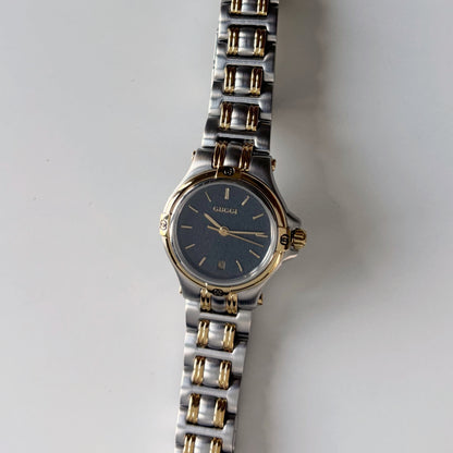 Gucci 1990s Date Round Black Dial Two Tone Gold Plated Watch