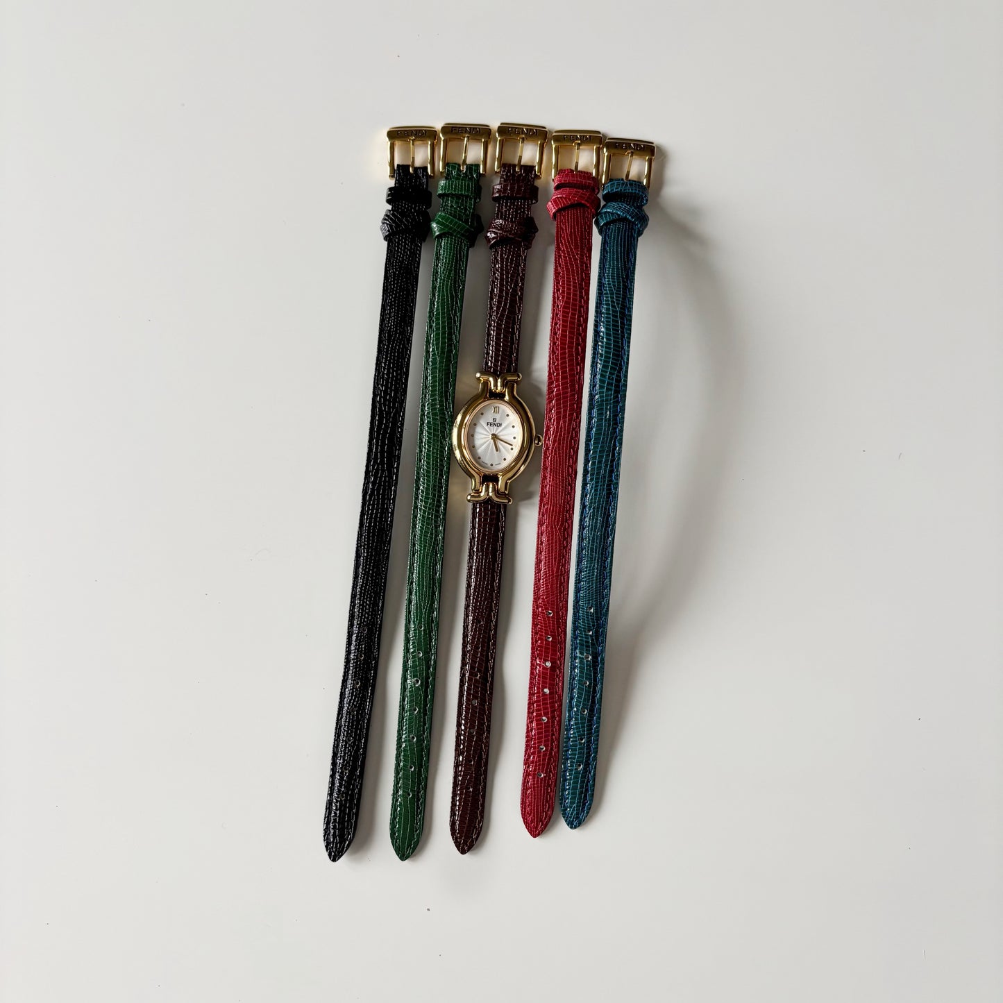 Fendi 1990s Interchangeable Strap Gold Plated Watch with 5 straps, case