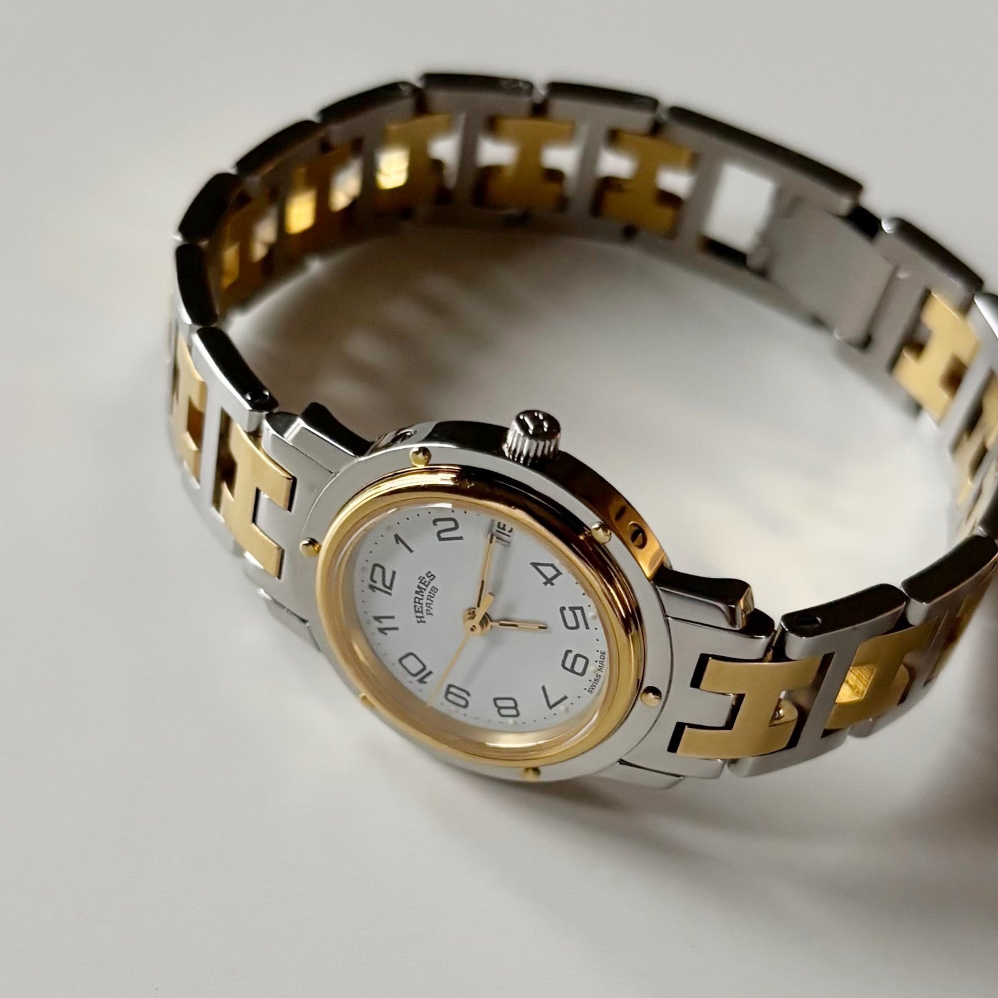 Hermes Early 2000s Clipper White Round Dial Two Tone Watch
