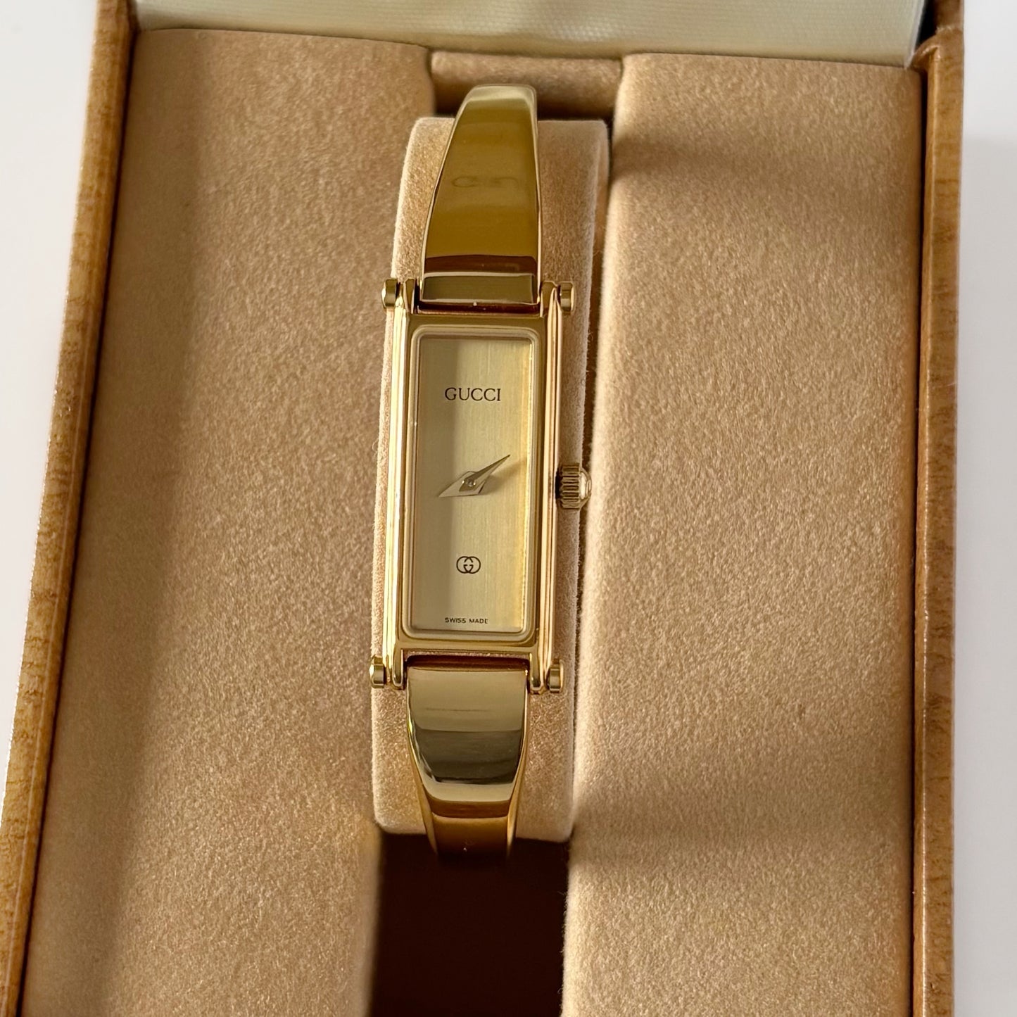 Gucci 1980s Rectangular Gold Dial Gold Plated Bangle Watch