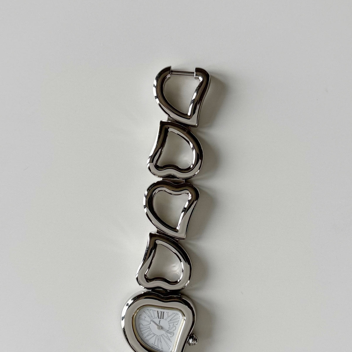 Yves Saint Laurent 1990s Heart Shaped Dial Band Silver Watch