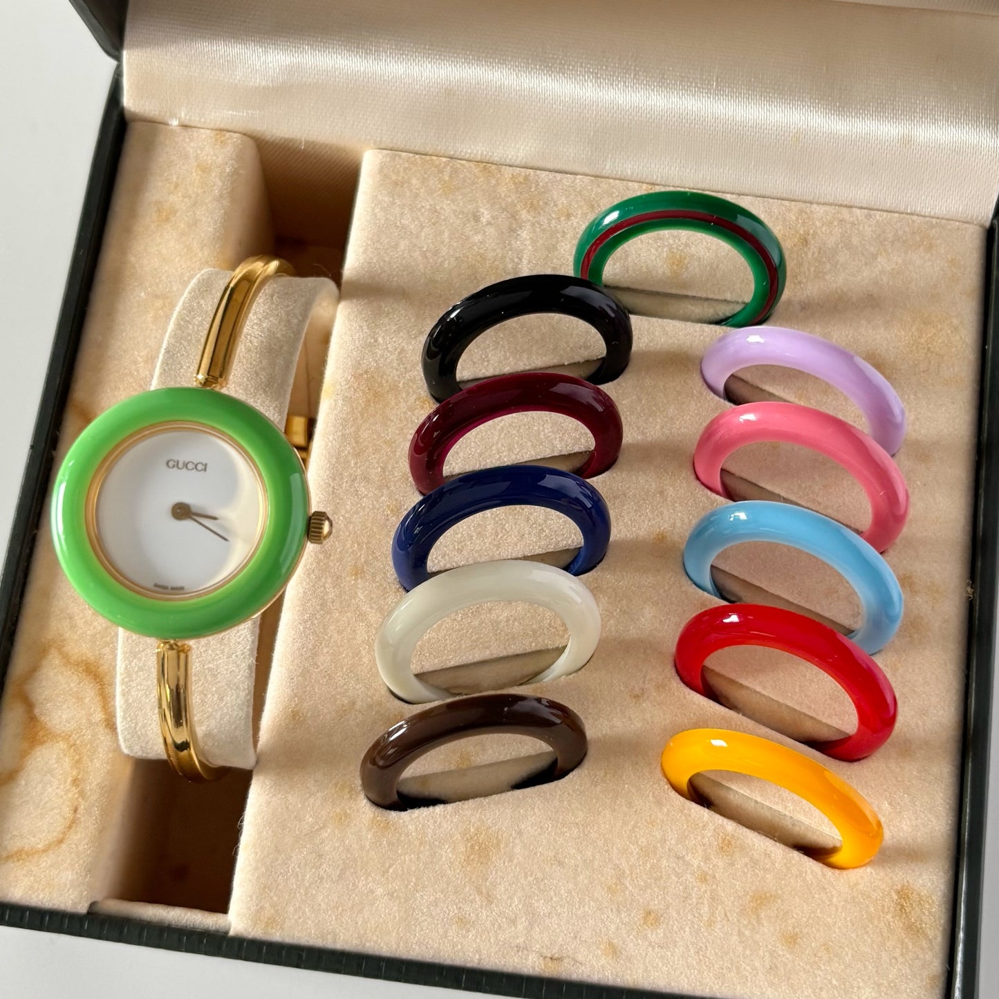 Gucci 1990s Interchangeable Bezel Gold Plated Watch with 12 bezels, case