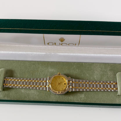 Gucci 1990s Date Round Dial Two Tone Gold Plated Watch
