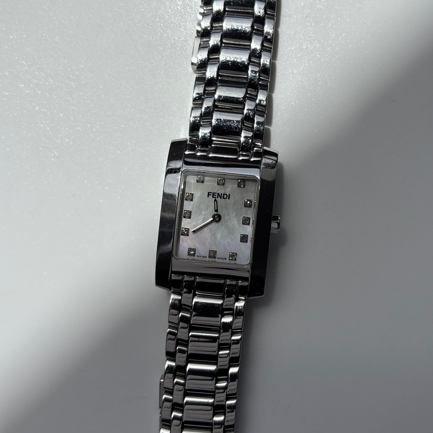 Fendi 1990s Seashell Dial Tank Silver Watch