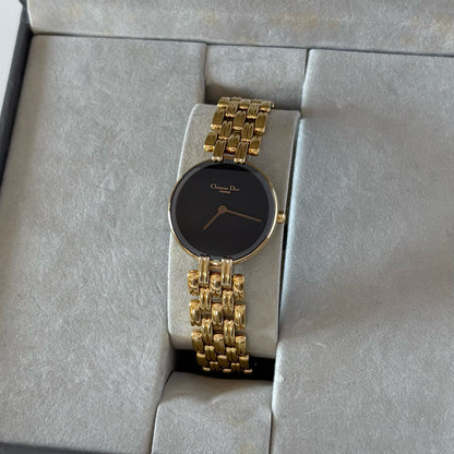 Dior 1990s Bagheera Black Dial Gold Plated Round Watch