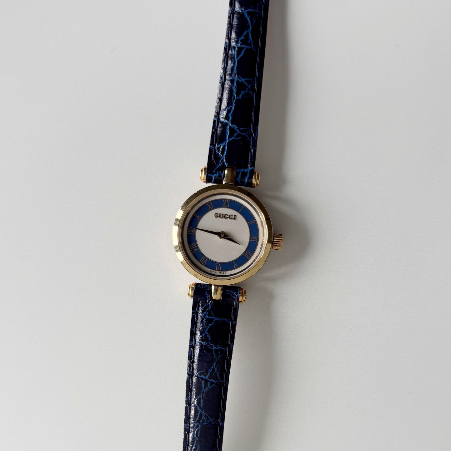 Gucci 1990s Round Dial Blue Gold Plated Watch