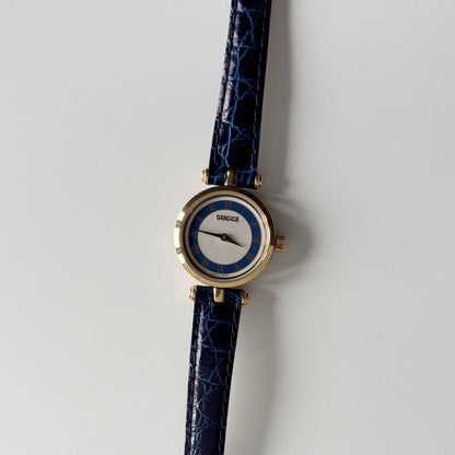 Gucci 1990s Round Dial Blue Gold Plated Watch