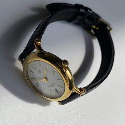 Givenchy 1990s Gold Plated Round Leather Watch