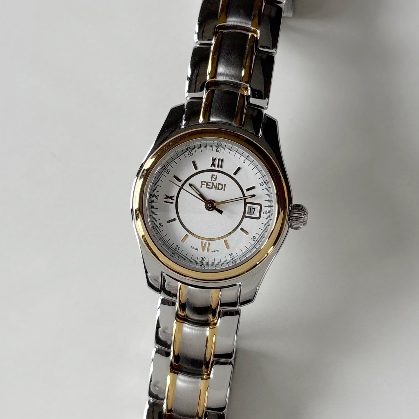 Fendi 1990s Round Dial Date Two Tone Gold Plated Watch