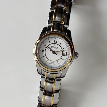 Fendi 1990s Round Dial Date Two Tone Gold Plated Watch