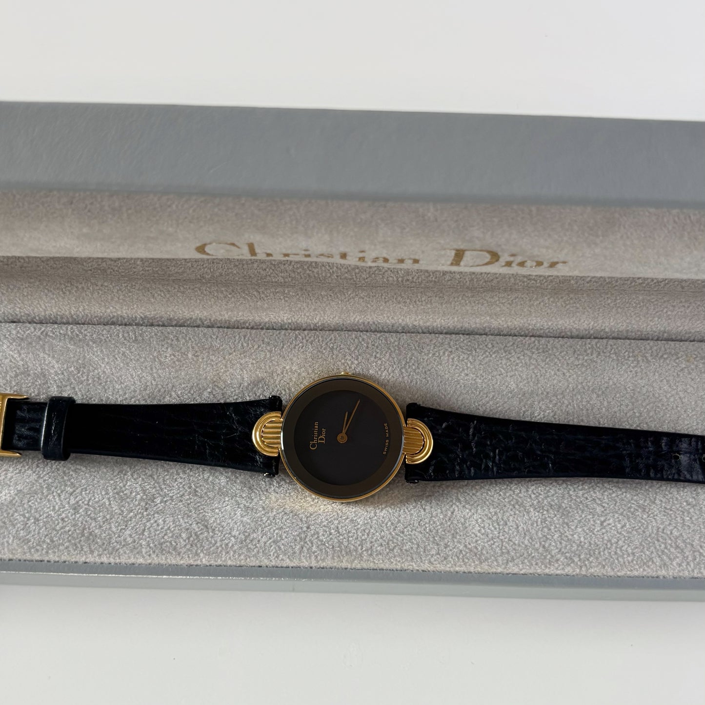 Dior 1990s Black Round Dial Gold Plated Watch