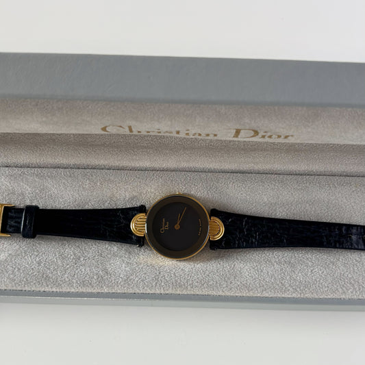 Dior 1990s Black Round Dial Gold Plated Watch