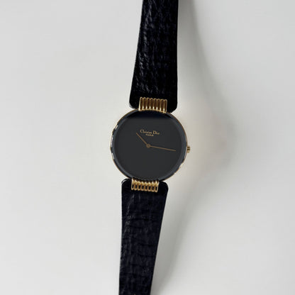 Dior 1990s Black Round Dial Gold Plated Watch (Large)