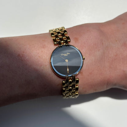 Dior 1990s Bagheera Black Dial Gold Plated Round Watch