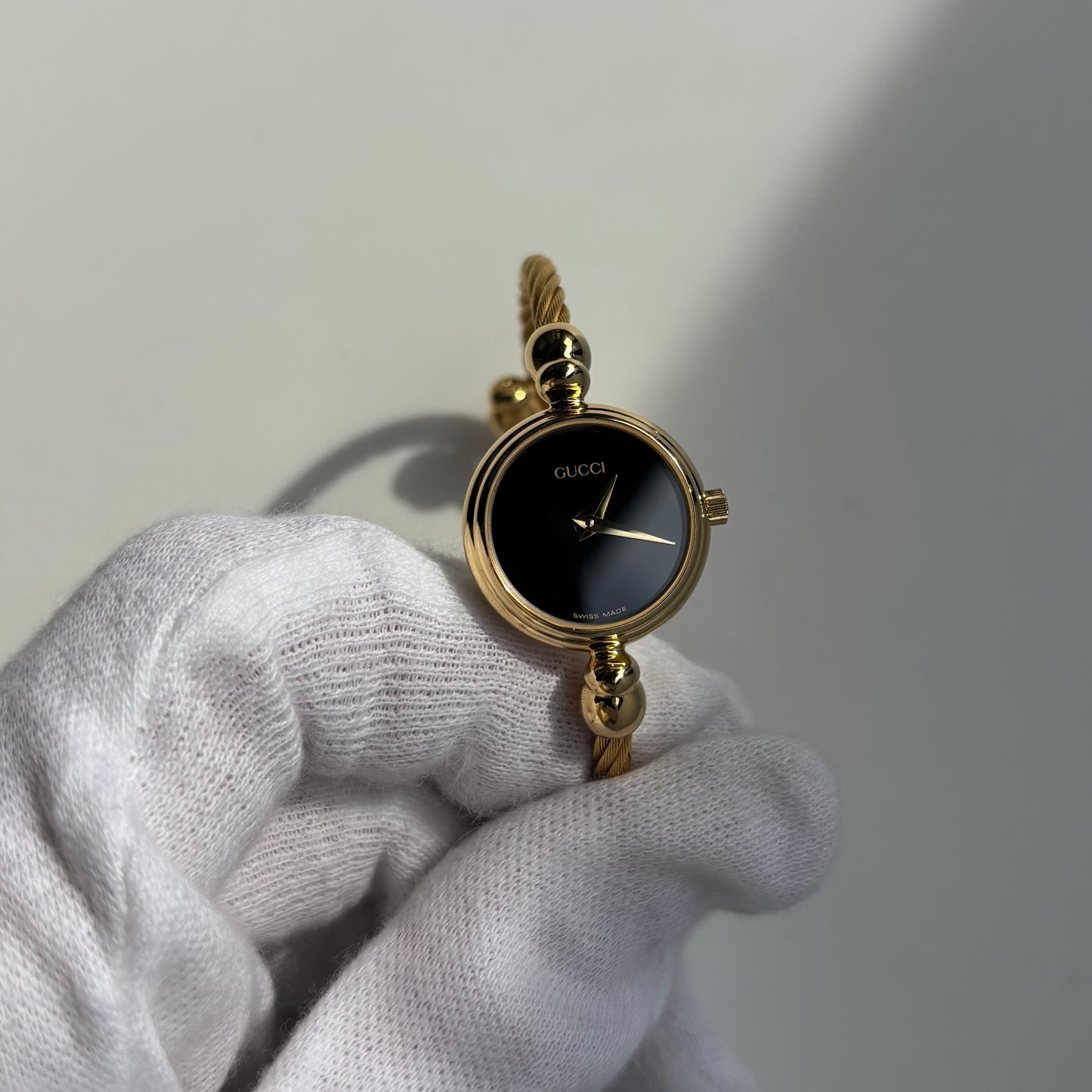 Gucci 1990s Black Dial Gold Plated Cable Band Bangle Watch