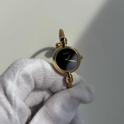 Gucci 1990s Black Dial Gold Plated Cable Band Bangle Watch