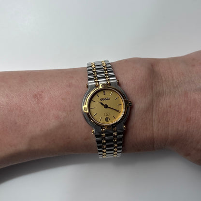 Gucci 1990s Round Dial Gold Plated Two Tone Watch