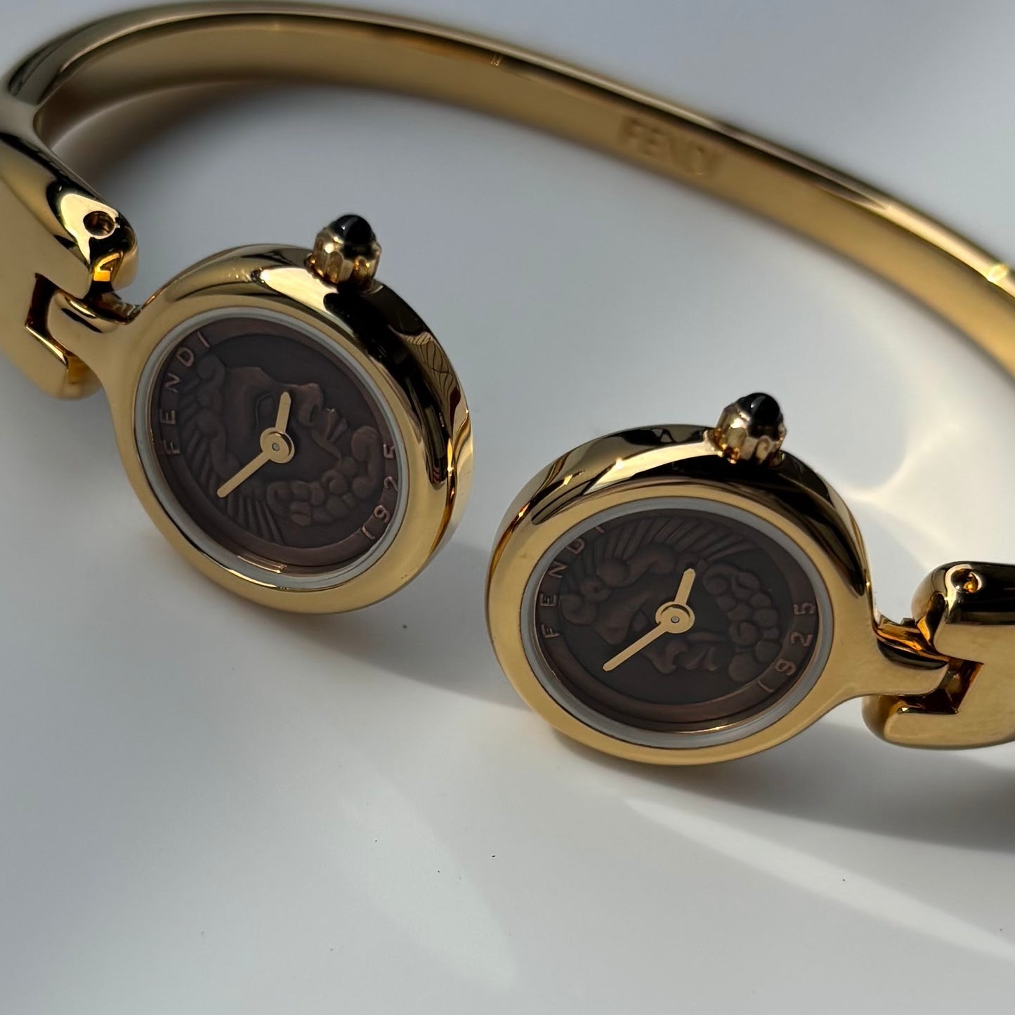 Fendi 1990s Seashell Dial Two Time Zone Gold Plated Bangle Watch