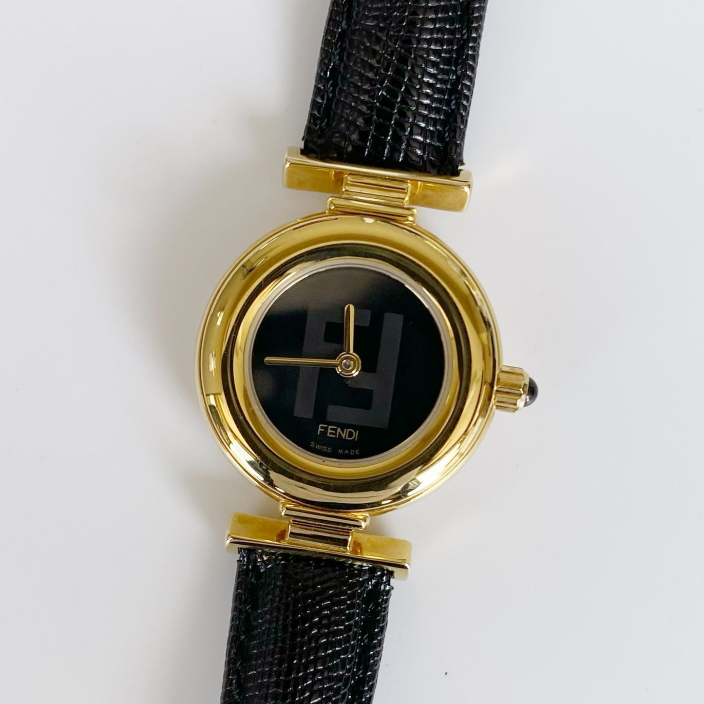 Fendi 1990s Black Dial Gold Plated Round Leather Watch