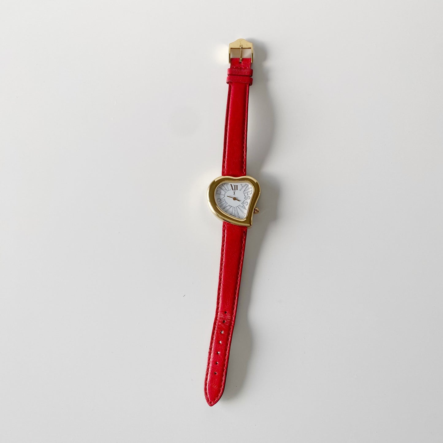 Yves Saint Laurent 1990s Heart Shaped Gold Plated Red Watch