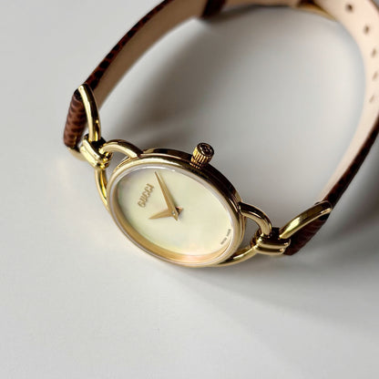 Gucci 1990s Seashell Dial Gold Plated Horsebit Gold Plated Watch
