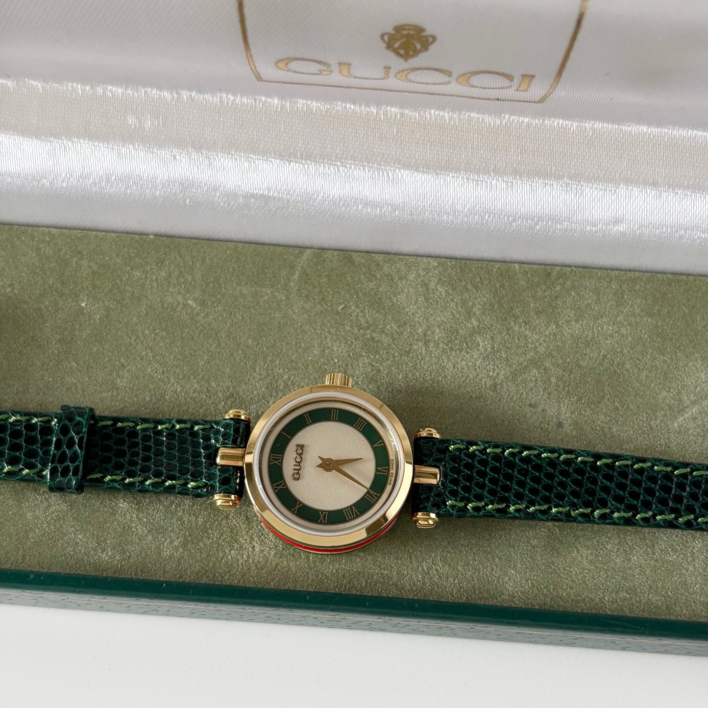 Gucci 1990s Round Dial Green Gold Plated Watch