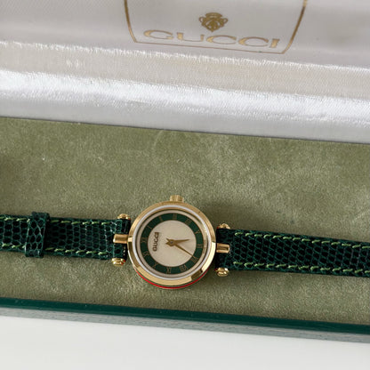Gucci 1990s Round Dial Green Gold Plated Watch