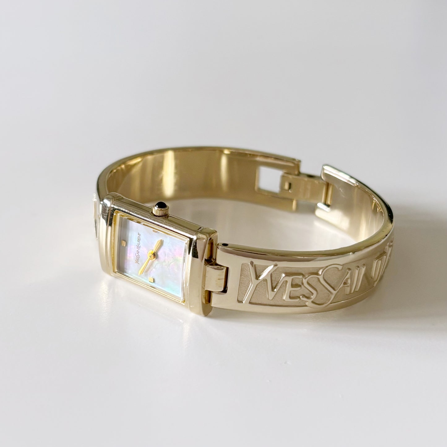 Yves Saint Laurent 1990s Seashell Dial Gold Plated Bangle Watch