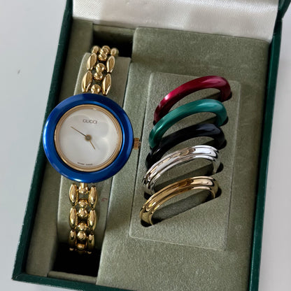 Gucci 1990s Interchangeable Bezel Gold Plated Watch with 6 bezels, case (160mm)