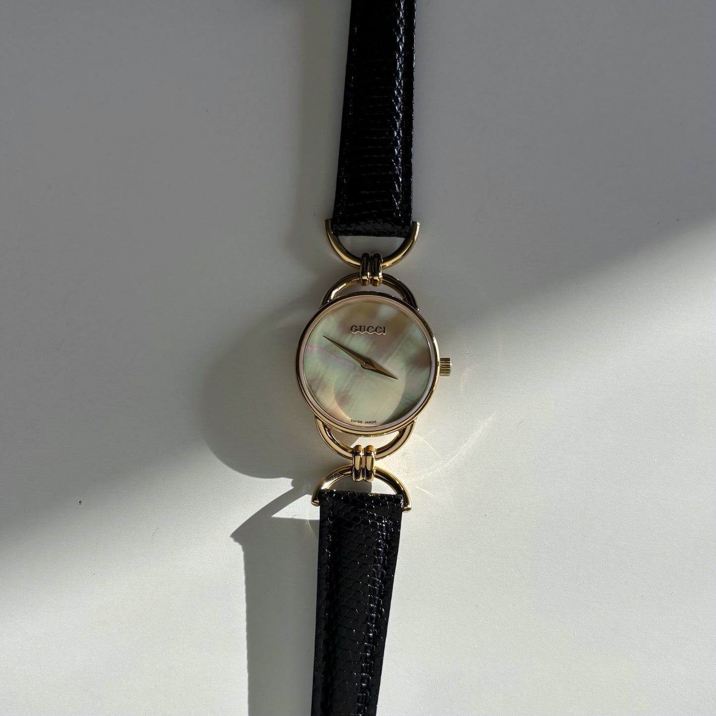 Gucci 1990s Seashell Dial Gold Plated Horsebit Watch