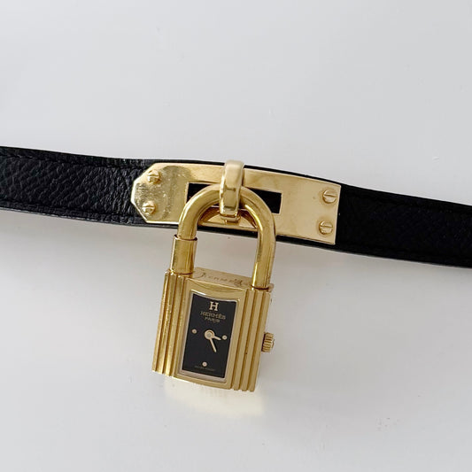 Hermes 1990s Kelly Black Dial Gold Plated Watch