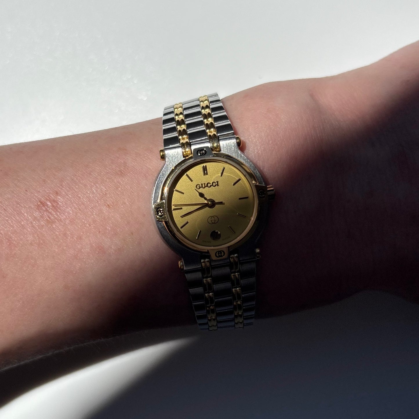 Gucci 1990s Date Round Dial Two Tone Gold Plated Watch