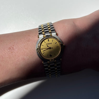 Gucci 1990s Date Round Dial Two Tone Gold Plated Watch