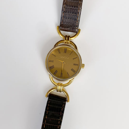 Gucci 1990s Gold Plated Round Leather Watch