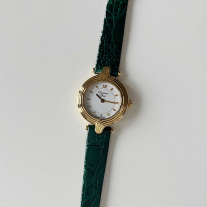 Dior 1990s Round Dial Interchangeable strap Gold Plated Watch with 3 straps, case