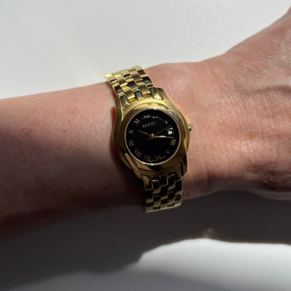 Gucci 1990s Date Black Round Dial Gold-Plated Watch