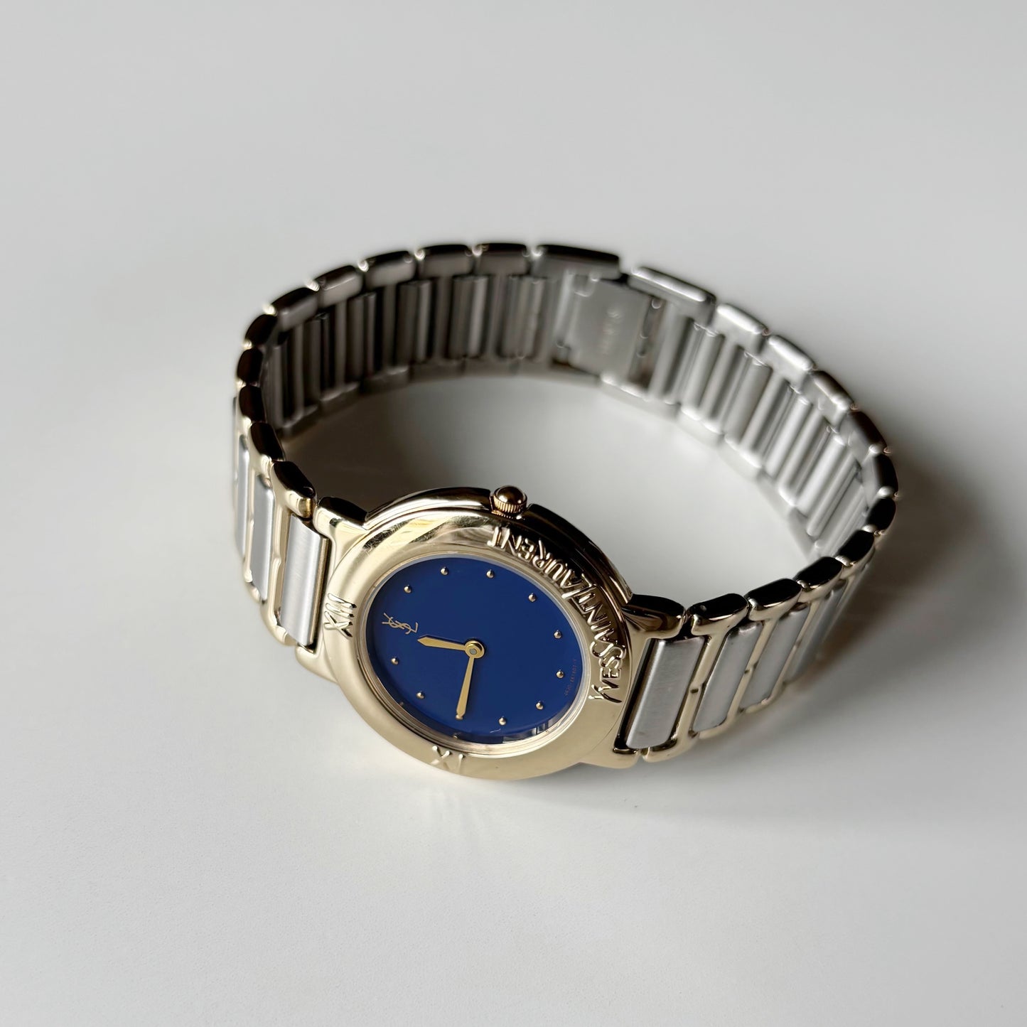 Yves Saint Laurent 1990s Navy Round Dial Two Tone Watch (Large)