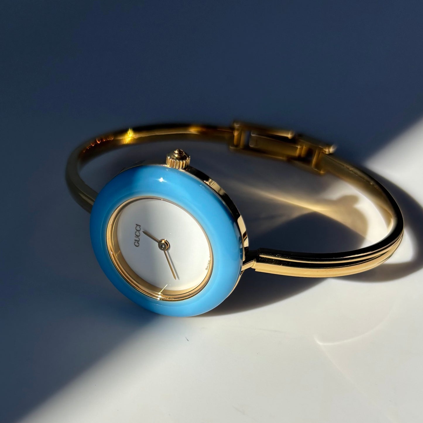 Gucci 1990s Interchangeable Bezel Gold Plated Bangle Watch with 12 bezels, case