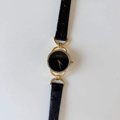 Gucci 1990s Black Round Dial Horsebit Gold Plated Watch