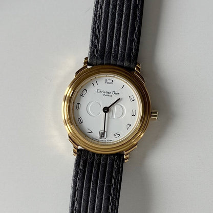 Dior 1990s Date Round Dial Gold Plated Watch