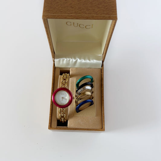 Gucci 1990s Interchangeable Bezel Gold Plated Rice Chain Watch with 6 bezels, case (175mm)